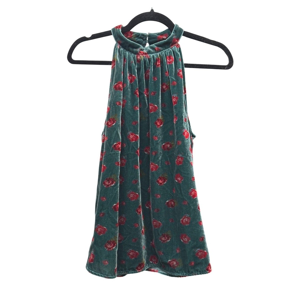 LOFT Velvet Halter Top Floral Rose Green Size Medium Sleeveless Feminine Blouse - Picture 2 of 6